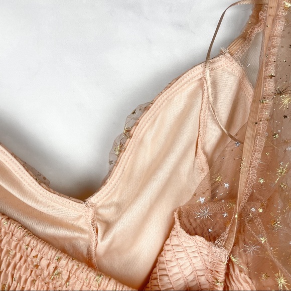 NWT Metallic Celestial Star Print Smocked Semi-Sheer Crop Blouse Top Boho Nude L - Picture 7 of 11